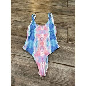 Palms Away Blue And Pink Watercolor One Piece Swimsuit Size Small